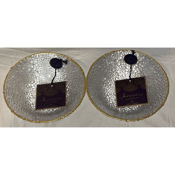 Other - ARTISTIC ACCENTS PEBBLE TEXTURED CLEAR GLASS‎ GOLD TRIM HAND DECORATED 3 BOWLS